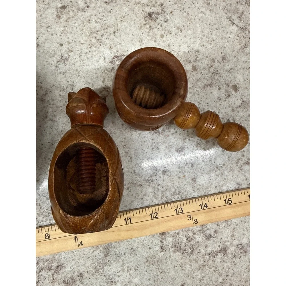 Vintage Multi Prod Inc USA Nut Bowl and 2 Wooden Screw Nutcrackers Pineapple Set